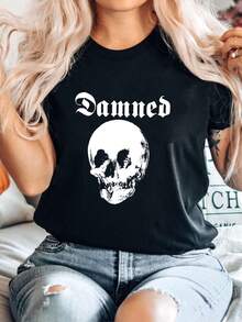 Camiseta de mujer con estampado de la banda The Damned, calavera, de algodón pesado negro, talla XXXL, con mangas largas o cortas - Negro - Ver 6