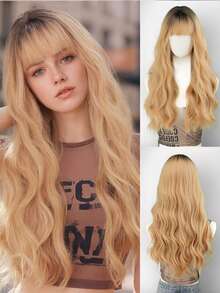 28英寸高品质自然棕色渐变合成假发,带刘海,深色发根金色长卷发,耐热合成假发,适合女性日常聚会、圣诞节、婚礼和派对等场合。 - 彩色 - 查看 12