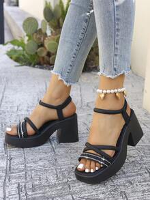 Sandal cao gót đế dày, nhẹ, có thể gập lại, kiểu dáng thời trang mới năm 2026, chất liệu lưới mềm mại, thoải mái và phong cách cho mọi mùa, cỡ lớn dành cho nữ, giá rẻ, đế xuồng, thích hợp cho dạo phố, hoạt động ngoài trời, dự tiệc, đế cao, hở mũi, trang trí đính đá. - màu đen - Xem 3