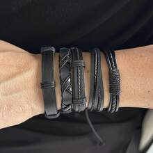 Bộ 5 vòng tay thủ công phong cách Punk, có thể phối hợp nhiều kiểu, đeo xếp lớp, làm từ da PU, trang sức Punk dành cho nam, quà tặng nam. - màu đen - Xem 3