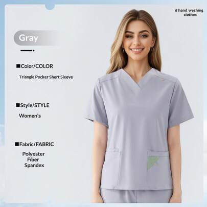 1 Bộ đồng phục công sở nữ màu xám nhạt, tay ngắn, cổ chữ V, thoải mái, hơi co giãn, có túi tam giác độc đáo.
