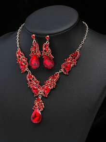 Bộ trang sức hợp kim phong cách Bohemian cổ điển 3 món, đính đá và thủy tinh, sang trọng, tinh tế và thanh lịch, phù hợp để đeo hàng ngày, dự đám cưới, họp mặt, tiệc tùng, là món quà hoàn hảo cho các dịp lễ, Ngày của Mẹ. - Đỏ - Xem 4