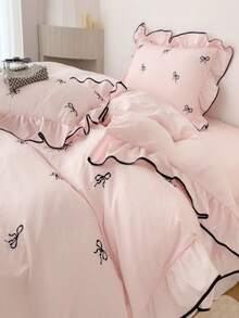 3pcs Ruffled Embroidered Bowknot Duvet Cover Set, Extra Large Size, Soft Fabric, With Zipper & Tie, Suitable For Girls Bedroom Decor, Breathable & Easy Care - Pink - View 13
