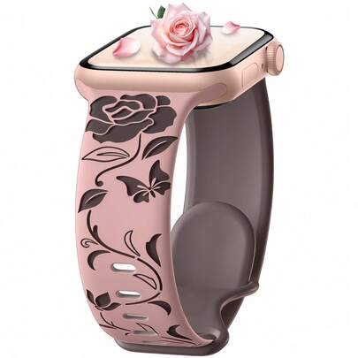 花卉雕刻表带，兼容苹果手表，女士款，尺寸：40mm、38mm、41mm、42mm、44mm、45mm、46mm、49mm，柔软硅胶双色花卉运动表带，适用于苹果手表 Series 11、10、9、8、7、6、5、4、3、2、1、SE、Ultra、3/2/1。