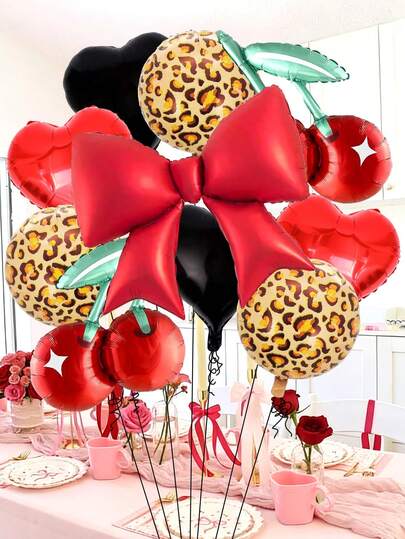 10pcs Large Red Bow Cherry Foil Balloon Set, 18" Heart Shaped Balloon And Leopard Print Foil Balloon, Suitable For Wedding Engagement, Anniversary, Leopard Cherry Theme Party, Birthday Party Decoration