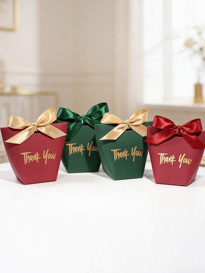 5/10 piezas Caja de regalo de boda con tema de "Gracias", con impresión en dorado de "Gracias" y lazos de satén. Es la opción preferida para regalos de invitados de boda y fiesta de bodas, y para empaquetar dulces