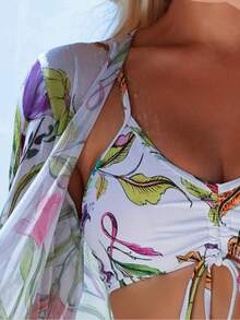Three-Piece Floral Print Bikini Set, Boxer-Style Bottom With V-Neck And Long-Sleeved Cover-Up. - White - View 2