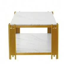 Rectangular Coffee Table With Metal Legs, Marble-Effect Tabletop, Modern Living Room Furniture, White And Gold – H46/W1140/D64 Cm - View 10