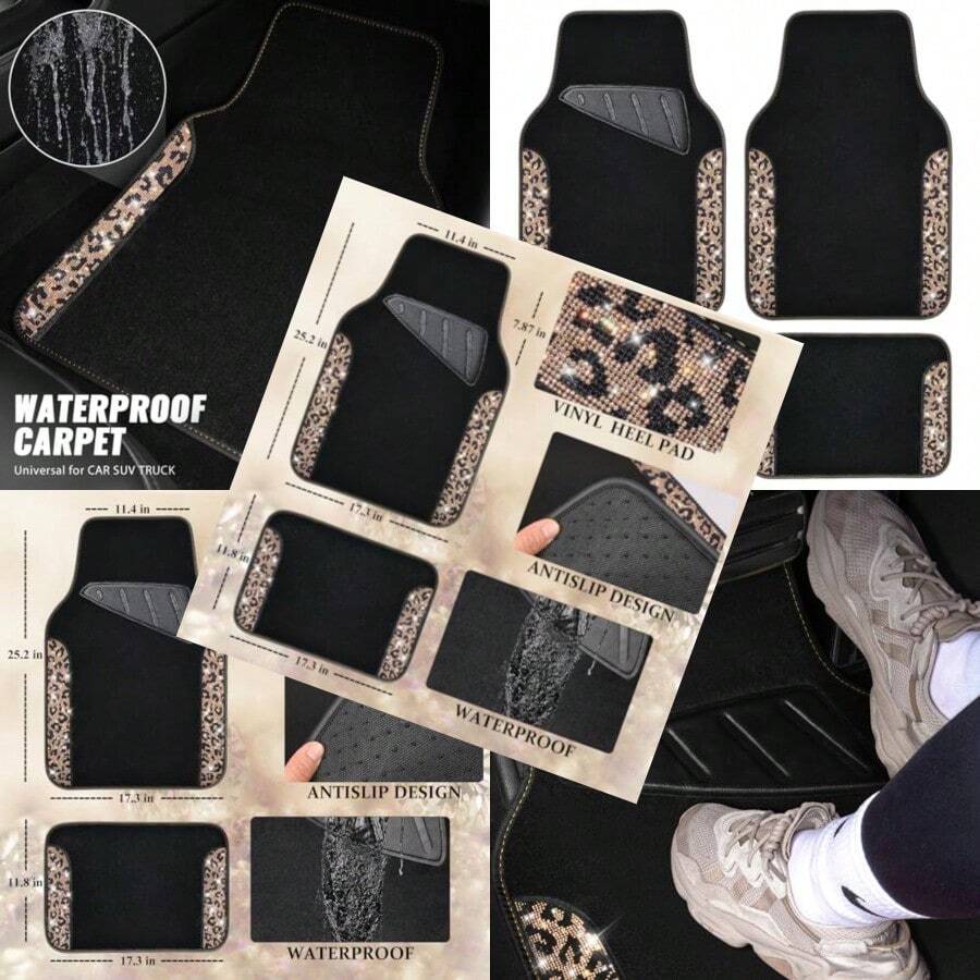 Bling Diamond Car Floor Mats Shining Rhinestone Carpet Sparkly Glitter Crystal With Anti-Slip PVC Heel Pad Waterproof Universal Fit Automotive SUV Sedan Van Cute Girl Women 4pcs Gold Leopard - Gold Leopard - View 1