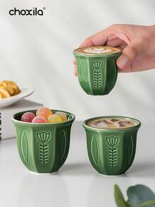 choxila 1pc Green Embossed Tulip Ceramic Cup, Middle Eastern Style Coffee Cup, Saudi Style Tea Cup, Water Mug, Suitable For Home, Restaurant, Yard, Coffee Corner, Ramadan Gift, 3 Size Options - Cup - View 1