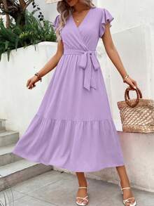 A Summer Bohemian Floor-Length, Short-Sleeved, V-Neck, Flowing Wedding Dress For Guests - 紫色 - 查看 6