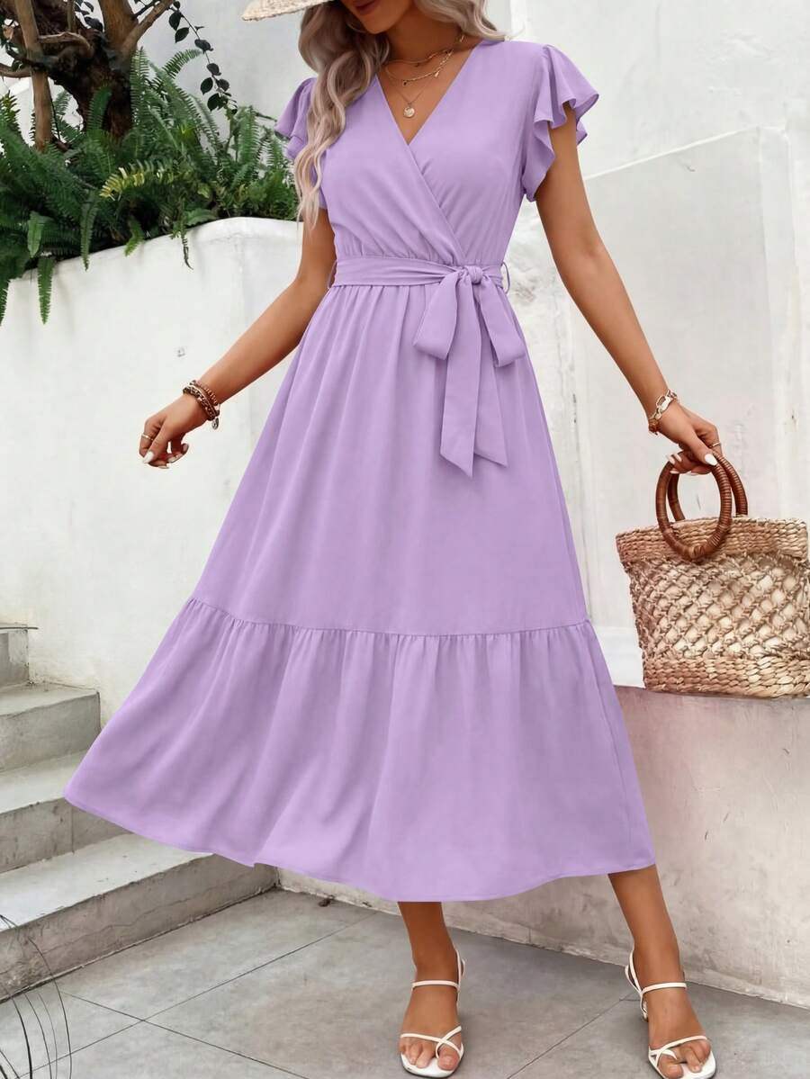 Women's Summer Floral Boho Maxi Dress Short Sleeve Wrap V Neck Ruffle Long Flowy Beach Wedding Guest Dresses And Sundress - Màu tím - Xem 1