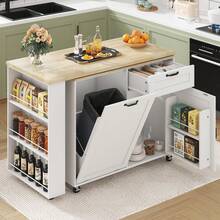 72.4"Rolling Kitchen Island 360° Swivel Table, Built - In Charging, 3 - Tier Spice Rack, Expandable With Trash Cabinet - Farmhouse Style For Kitchen - View 6
