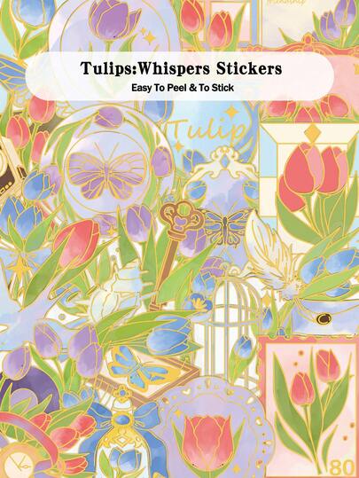 50pcs Tulips: Whispers Foil Stamping Stickers For Laptop, Suitcase, Scrapbook, Fridge, Storage Box, Decorative DIY, Graffiti Stickers