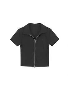 Áo thun nữ dáng ôm cổ polo tay ngắn màu trơn, kiểu dáng thường ngày, có khóa kéo đôi, thích hợp mặc mùa hè. - màu đen - Xem 5