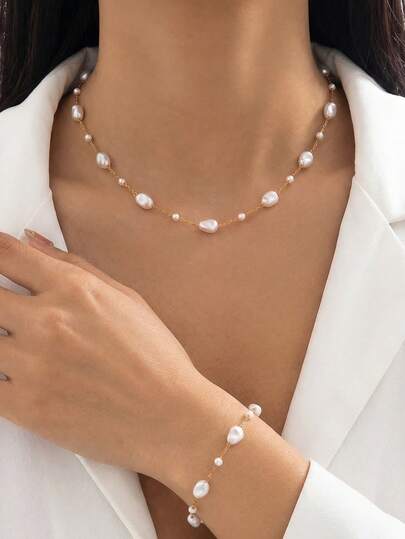 סט תכשיטים וצמיד פנינים מלאכותיות מינימליסטיות מפלדת אל-חלד בוהמית 2 יחידות/סט לנשים, אביזרים יומיומיים ודייטים