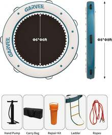Muelle flotante inflable redondo de 8 pies con hamaca central de 6 pies - construcción de PVC pesada - admite 4-6 adultos - superficie antideslizante - perfecta para reuniones familiares y eventos acuáticos - azul verdoso - Ver 2