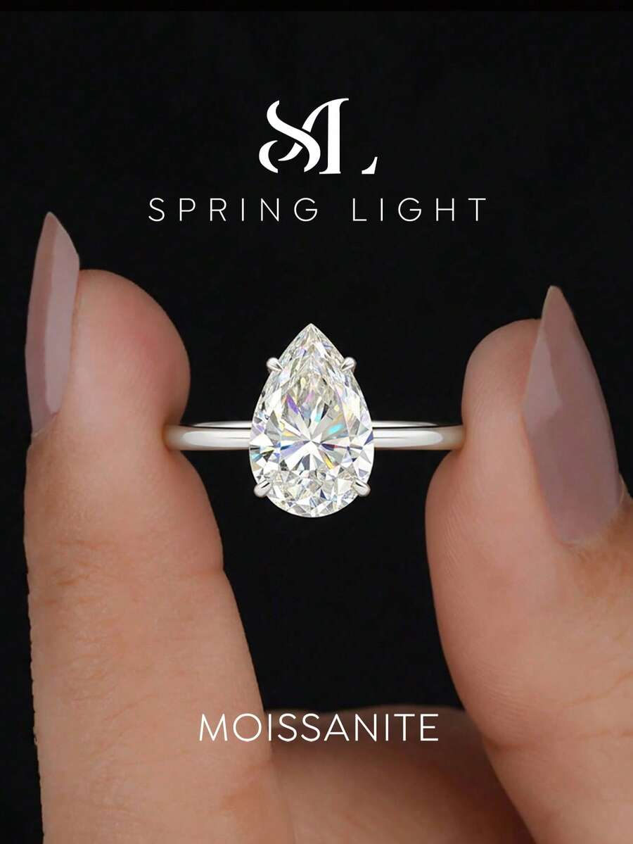 1克拉优雅梨形莫桑石单钻戒指，925纯银奢华订婚戒指、承诺戒指、周年纪念戒指、女士珠宝礼物、圣诞礼物 - 四爪梨形單鑽莫桑戒指-1ct - 查看 1