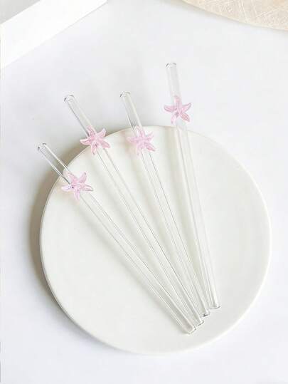 1/2/4支装可爱卡通粉色海星玻璃吸管套装，可重复使用弯曲透明玻璃吸管餐具套装，适用于厨房配件、水杯、吸管装饰、奶昔、珍珠奶茶、果汁、鸡尾酒、冷饮，适合返校季、单身派对、婚礼、旅行、送给女友/男友的趣味礼物、毕业典礼、派对用品、复活节、夏季等场合。