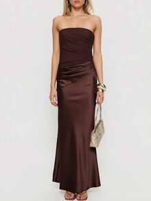 Đầm dạ hội màu trơn thanh lịch mới, xẻ tà xếp ly, dài không dây vai, thích hợp cho buổi tối, đám cưới, tiệc sinh nhật, hẹn hò mùa hè. - Cà phê nâu - Xem 5