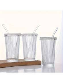 1个380毫升条纹玻璃杯（带盖和吸管，日式风格）时尚饮具，牛奶/咖啡杯，茶具套装，生日礼物，威士忌酒杯，适合泳池派对、夏季派对 - 無色 - 查看 5
