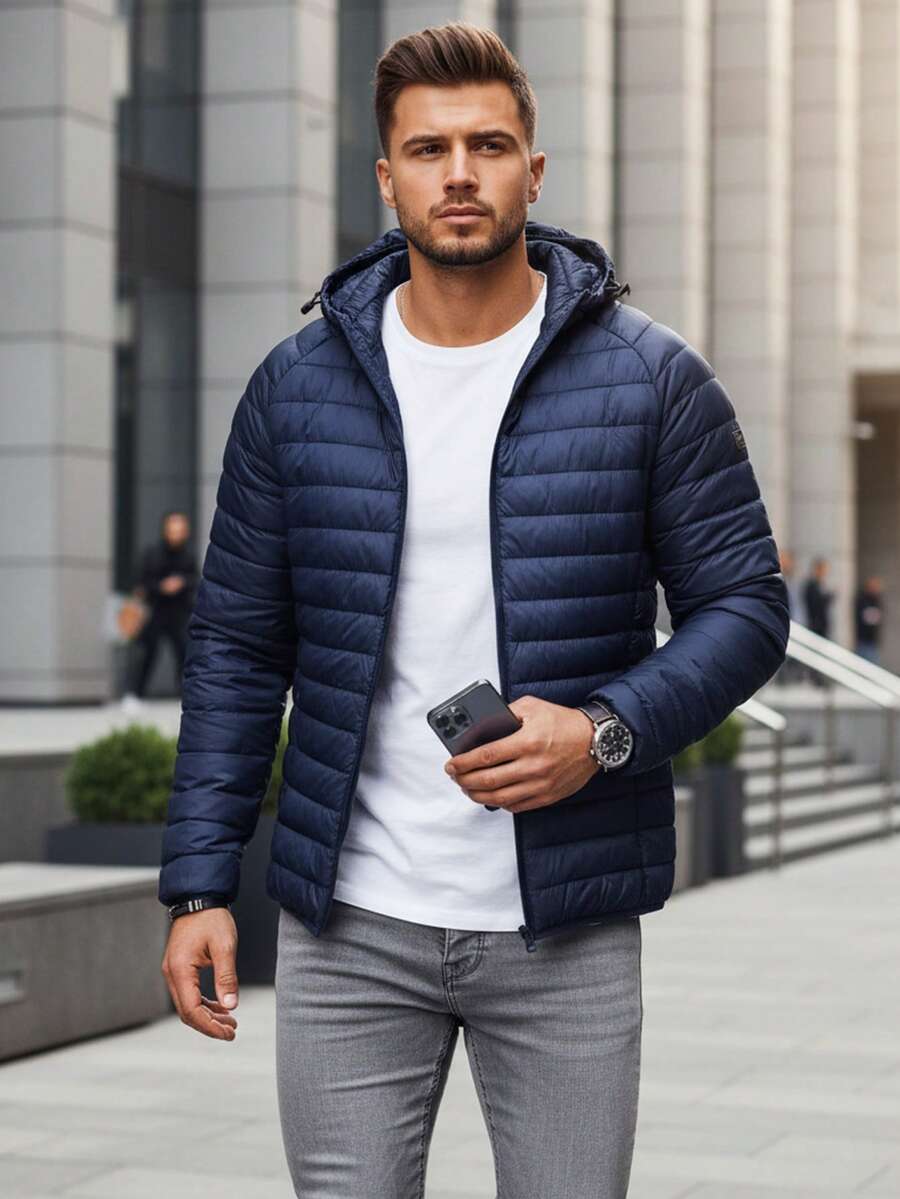 Men's Transitional Season Quilted Jacket, Hooded, Zip-Up Closure, Lightweight And Short, With Elastic Cuffs And Hem, And Features Internal And External Pockets And An Adjustable Hood. - Navy Blue - View 1
