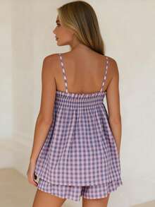 Conjuntos de 2 piezas para mujeres de lounge sin mangas con top tipo camisola a cuadros y pantalones cortos de pierna ancha - Morado - Ver 2