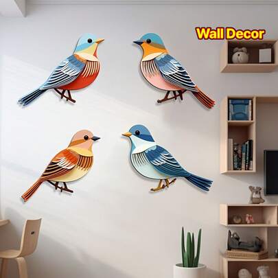 4pcs Handmade Wooden Bohemian Style Birds, Wall Art Decor, Suitable For Home, Office, Wall, Perfect Holiday Gift, Decorative Plaques And Ornaments, Home Decor