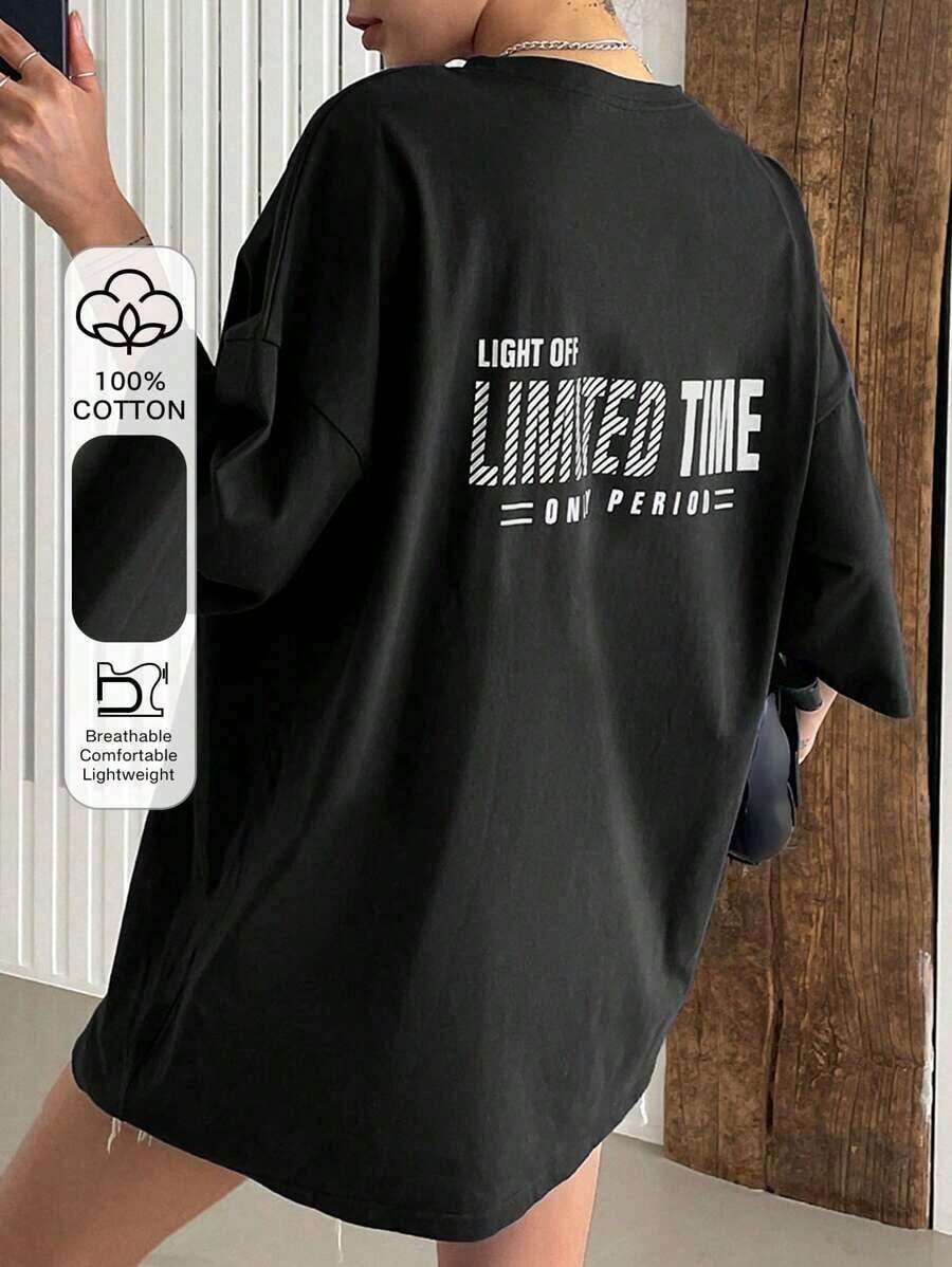 Oversized Summer T-Shirt With Letter Graphic On Dropped Shoulders - Black - View 1