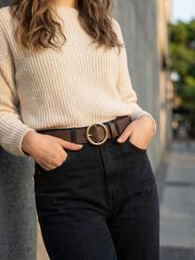 Women's Belt Set With Gold Metal Polka Dots, Synthetic Leather, Minimalist, Fashion Blogger Style, Unisex, Daily Use, Simple, Casual, 2024, Popular, Beautiful, Seasonal, Black, White, Brown, Caramel, Pink, Current Size, Stitched, Occasional, Versatile, Decorative, Vintage, 247 - 黑咖啡 - 查看 4