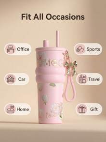 Bình giữ nhiệt Queen Pink họa tiết da rắn | Lớp lót gốm an toàn cho sức khỏe, thiết kế 2 trong 1 có vòi uống và ống hút, nơ xinh xắn và dây đeo cổ tay, phù hợp với giá đỡ cốc trên ô tô, hộp quà cao cấp dành cho phụ nữ và bé gái - Bình nước giữ nhiệt bằng gốm - Xem 8