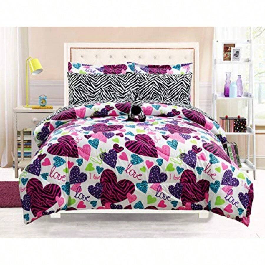 Queen - Girls Bedding-MISTY ZEBRA Tween Teen Dream Bed In A Bag. QUEEN SIZE Comforter set Sheet Set and Plush Toy Included-Love Hearts-Hot Pink Turquoise Blue Purple Black and White - rosa - Ver 1