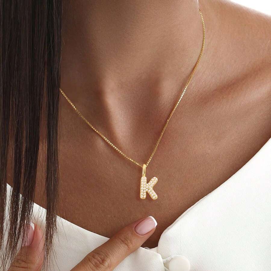 1件简约经典泡泡字母吊坠金色盒链项链，女士款 - 金黃色 - 查看 1