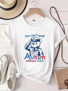 T-shirt pour femmes avec l'impression "Vous ne pouvez pas épeler l'autisme sans USA" T-shirt autiste acoustique Amérique, manches longues ou courtes - Blanc - Voir 6