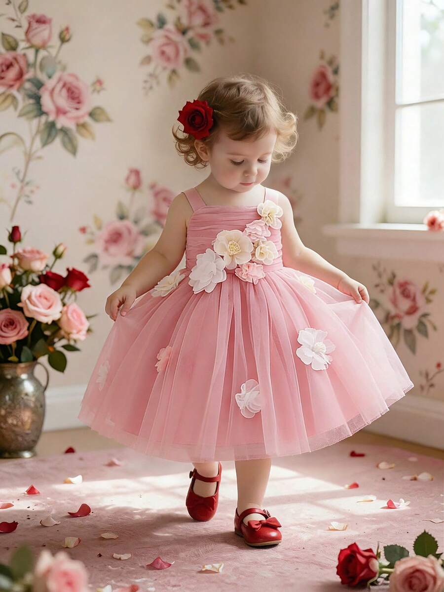 Baby Girls' Thick Strap 3D Floral Mesh Flower Girl Wedding Party Princess Dress, Suitable For Evening Gala, Birthday, Does Not Include Headband - Dusty Pink - View 1