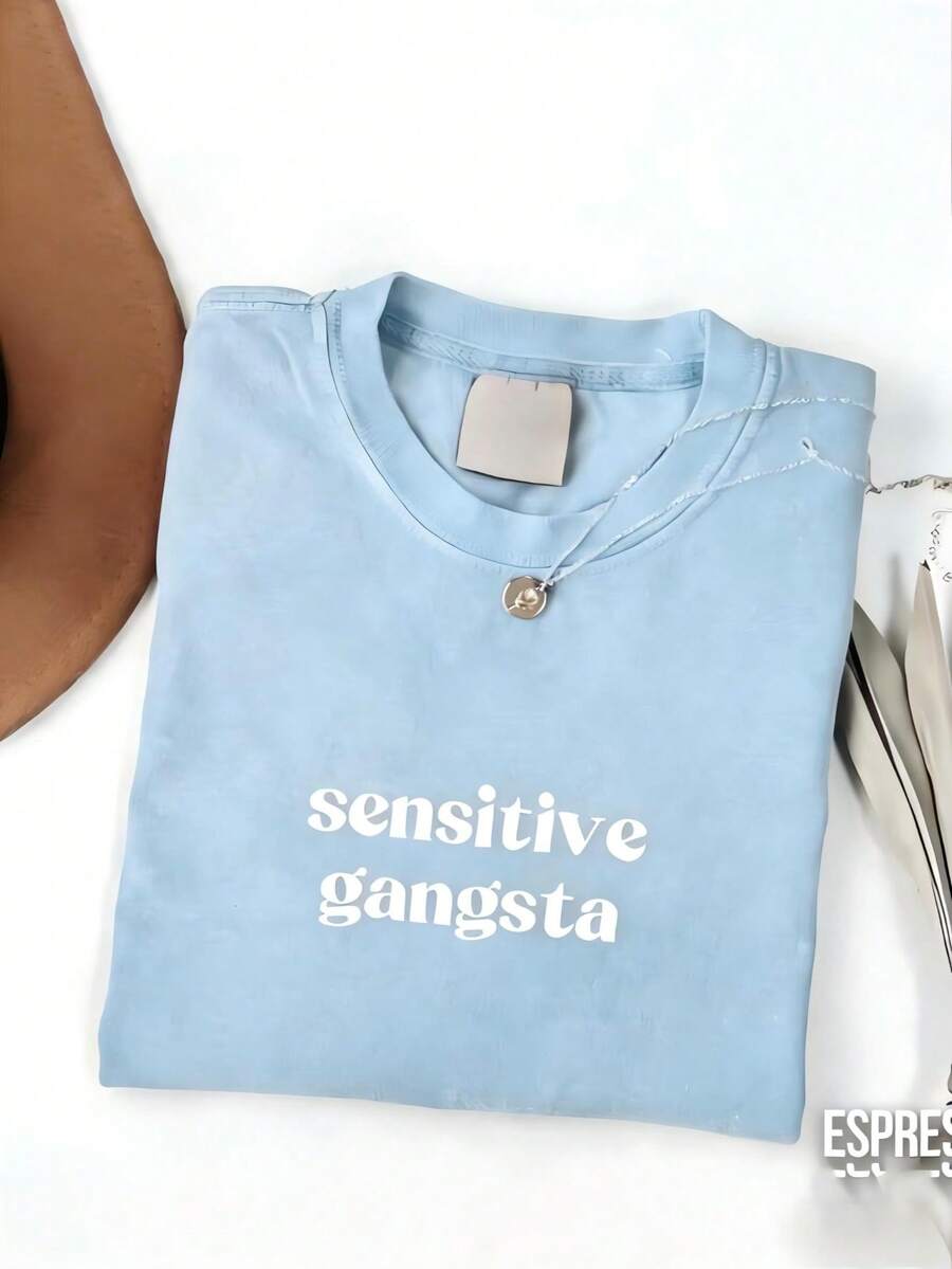 Sensitive Gangsta Quote T-Shirt Meme God Forbid L'm A Sensitive Gangster Graphic Tee,Im A Mommy Mamacita T-Shirt Gift For Hereaster Outfits - Sky Blue - 查看 1