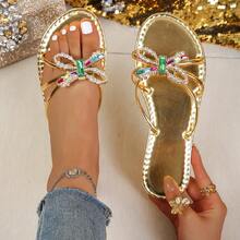 Nuevas sandalias planas de cuero sintético dorado con rhinestones y lazo, un imprescindible de estilo hada para el verano - Dorado - Ver 11