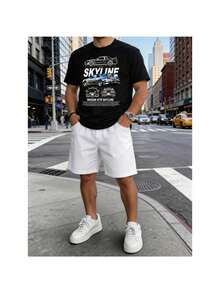 Conjunto para hombre estilo streetwear japonés racing con estampado gráfico de auto Skyline algodón suave ajuste holgado cuello redondo manga corta primavera verano uso casual set de playera y shorts - Negro 1 - Ver 2