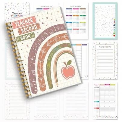 מחברת ספירלה בגודל A5, יומן רישום למורים, פריסות שבועיות וחודשיות, מעקב אחר נוכחות וציונים, עיצוב קשת בענן ותפוח, כריכה עמידה לארגון כיתתי