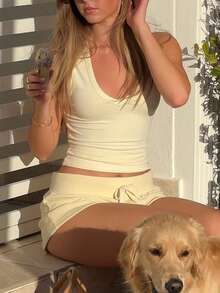 GAOVOT Bộ đồ nữ gồm áo tank top và quần short màu trơn, kiểu dáng thường ngày, thích hợp cho mùa xuân/hè. - Màu vàng - Xem 8