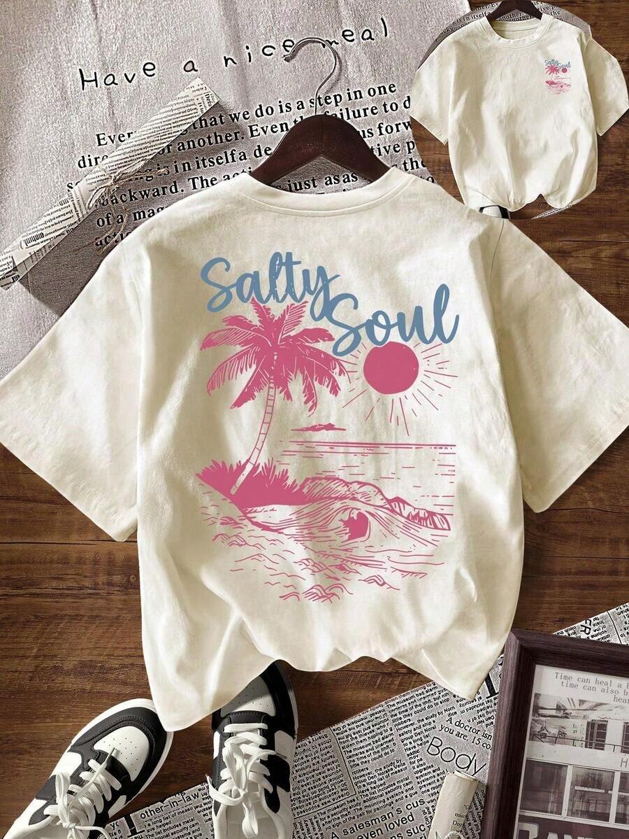Camiseta informal de mujer de manga corta, cuello redondo y ajuste holgado con estampado de letras, para el verano - Albaricoque 2 - Ver 1