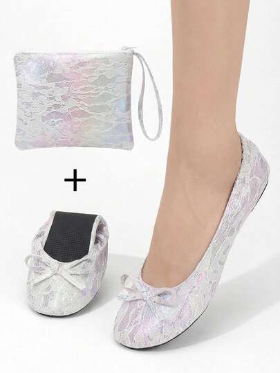 Giày búp bê ren tím cho đám cưới, trong nhà, nhẹ, tạo cảm giác như đi chân trần, có nơ trang trí, có thể gấp gọn, dễ mang theo, mềm mại, thoải mái, thích hợp cho nữ, ở nhà, dự tiệc, dạo chơi.