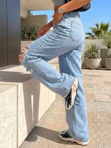 UMINOW 女士休闲浅色水洗破洞直筒牛仔裤，带口袋和拉链，长款无弹力春季款 - 藍色 - 查看 7