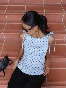 elegante y de moda sin mangas para mujer con volantes y lunares, adecuada para uso diario, ir al trabajo, citas sexys, todas las estaciones, verano - Azul cielo - Ver 4
