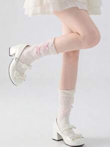 1双洛丽塔风格蝴蝶结袜，女士薄款网眼中筒袜，夏季 - 白色 - 查看 5