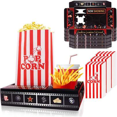 39PCS Movie Night Snack Trays With Popcorn Bags, Disposable Paper Snack Boxes Movie Theater, Family & Birthday Party Supplies