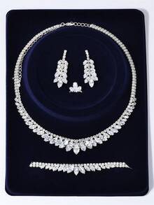 CORUIXI 1套銀色眼形白色立方氧化鋯珠寶套裝，包括項鍊、耳環、手鏈和戒指。適合派對、宴會、婚禮、生日和女士禮物。 - 銀色 - 查看 7