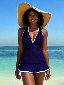 Women Halter Neck Two Piece Swimsuit Deep V Neck Ruffle Hem Shirred Waist Flattering Cute Mini Skirt Swimdress Beach Vacation Summer - 藏蓝色 - 查看 2