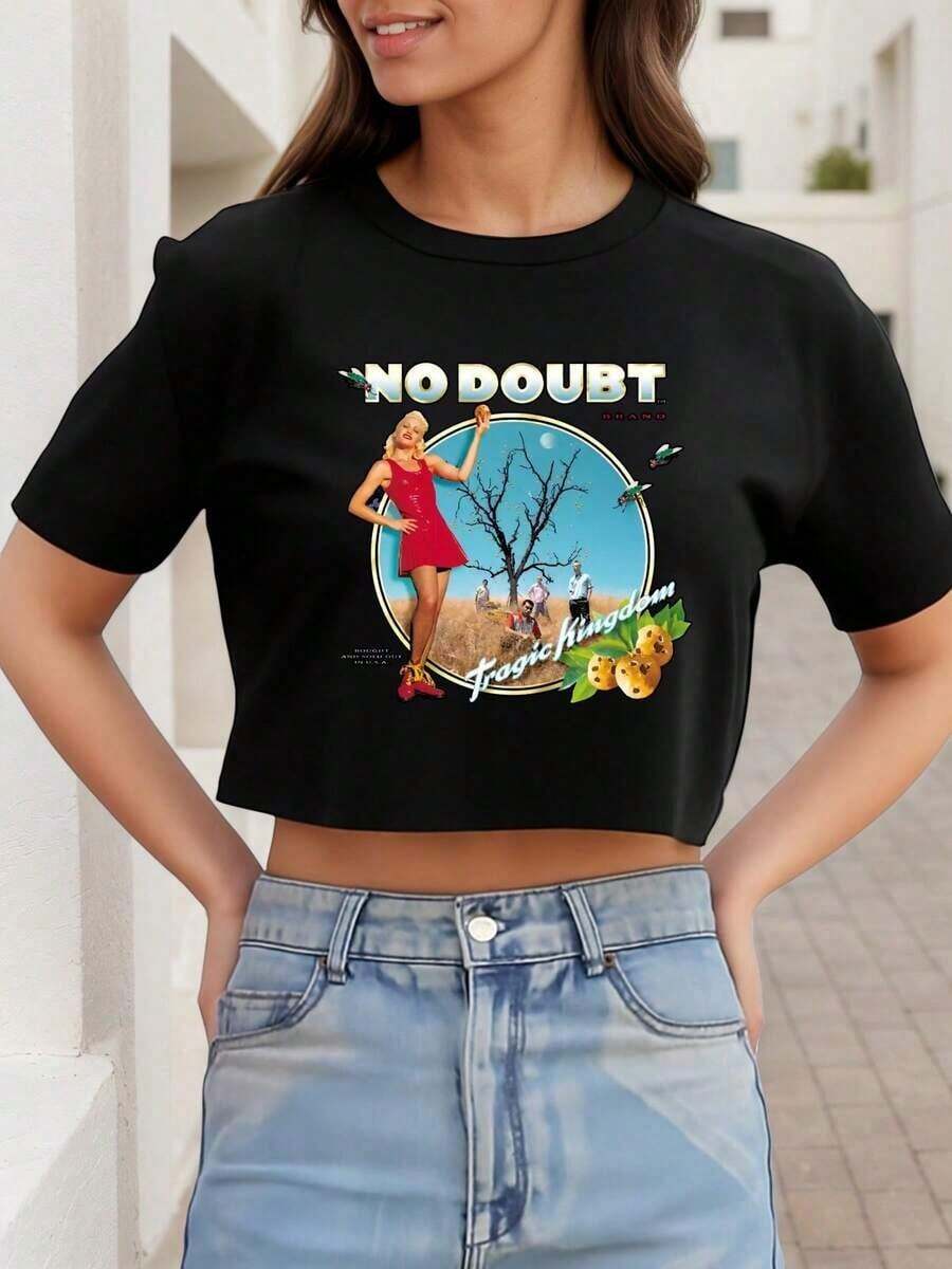 1pcsWomen's No Doubt Tragic Kingdom Band Crop Tee Shirt Exposed Navel T-Shirt , Women's New Summer Casual Crew Neck Pure Cotton Short-Sleeved T-Shirt(1 PC)180g-Summer Women Fashion Letter Print Crop Tops Casual Basic Short Sleeve T Shirt - 黑色 - 查看 1