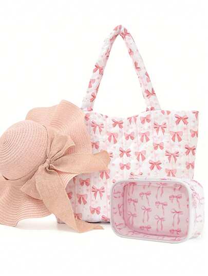 Juego de bolso de tela acolchada, estampado único con diseño de lazos, bolso de hombro de gran capacidad simple con un bolso de cosméticos portátil, sombrero de sol, sombrero de paja, ala ancha, bolso de almacenamiento casual, bolso de compras multifuncional, bolsa de regalo personalizada o bolsa de almuerzo. Perfecto para ir de compras, ir y venir del trabajo, volver a la escuela, vacaciones, la playa